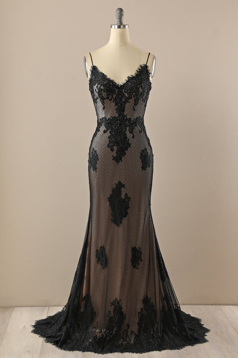 Black V neck Beaded Formal Party Dress